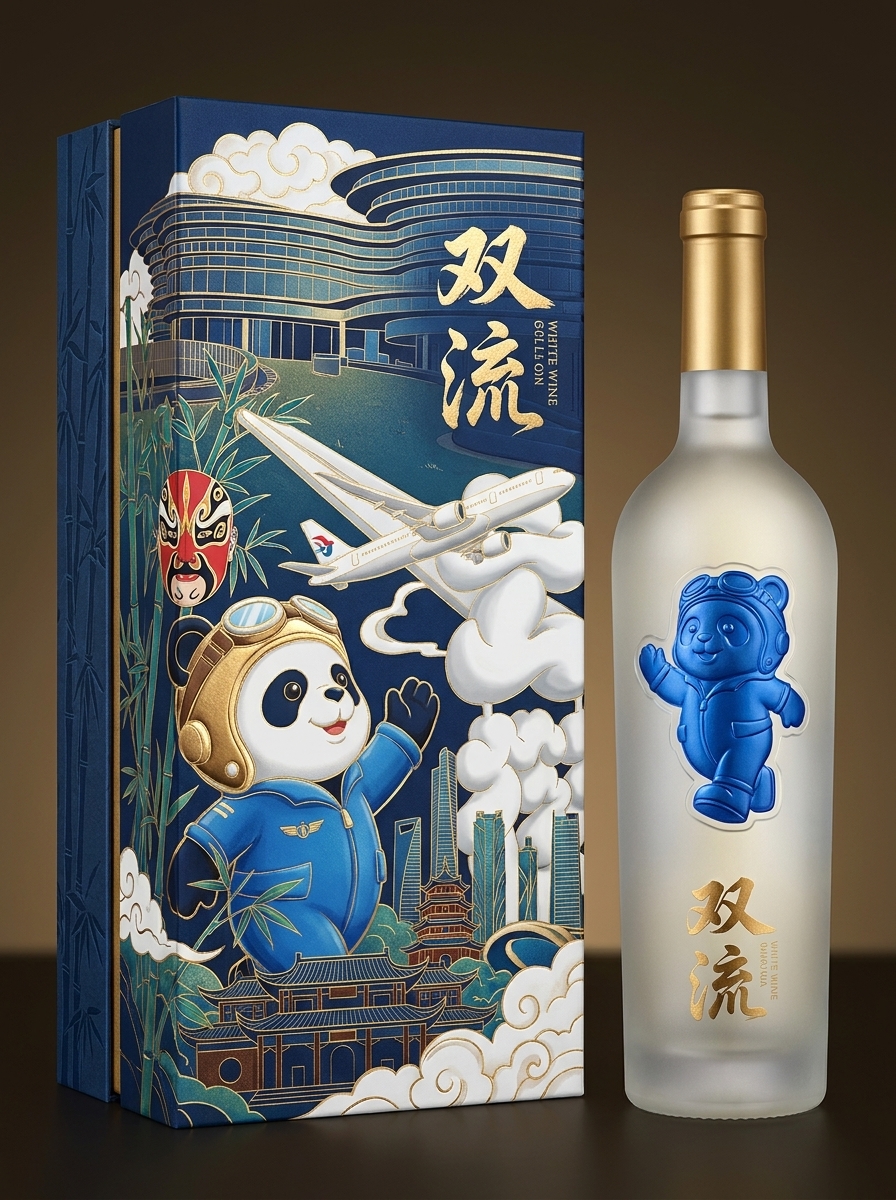 以图二中的建筑为背景，融入一些熊猫元素和双流本地元素，打造一款高端白酒包装礼盒，白酒的名称是双流，产… (3)