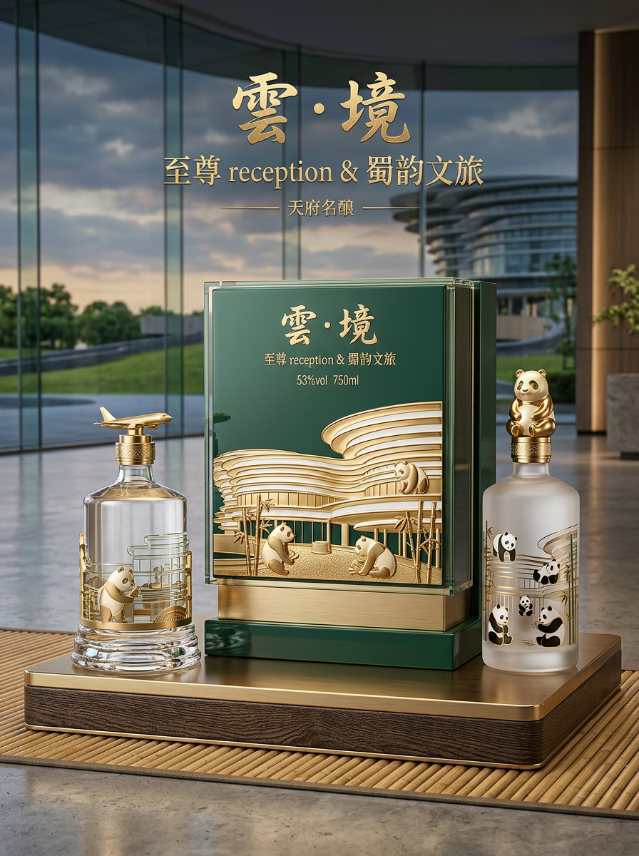 结合市面上销售较好的白酒包装设计，以图二中的建筑为背景，结合一些熊猫的元素，打造一款高端白酒包装礼盒… (2)