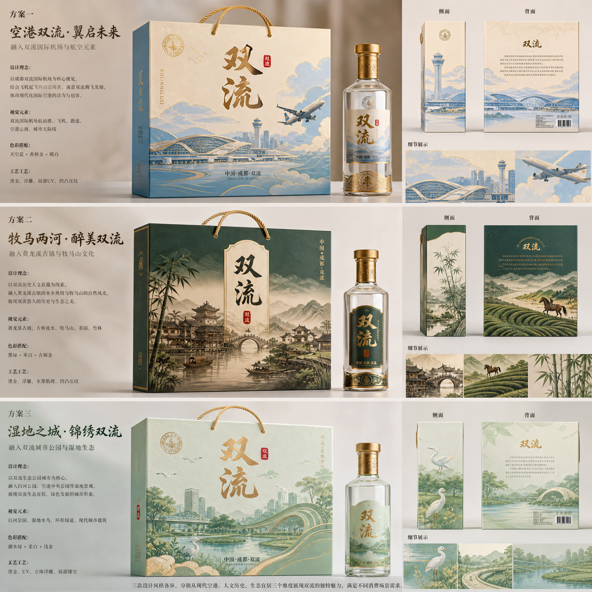 帮我设计具有成都双流具有地方特色的白酒包装礼盒，融入双流的特色地标或景点，设计几个效果出来 (2)