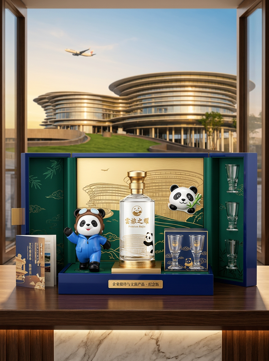 以图二中的建筑为背景，结合一些熊猫的元素，打造一款具有稳重和欢快元素的白酒包装礼盒，使用场景是企业接…
