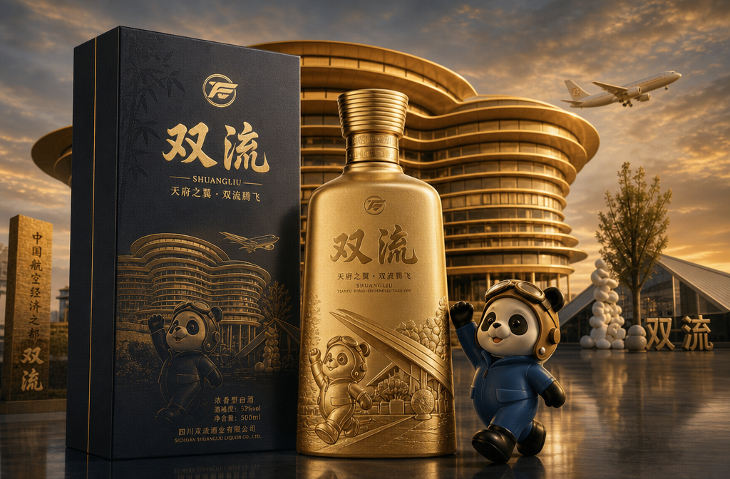以图一这个图为设计背景，添加图二的熊猫元素，再结合双流的其他一些元素，设计一款双流的企业用酒。要求设… (4)