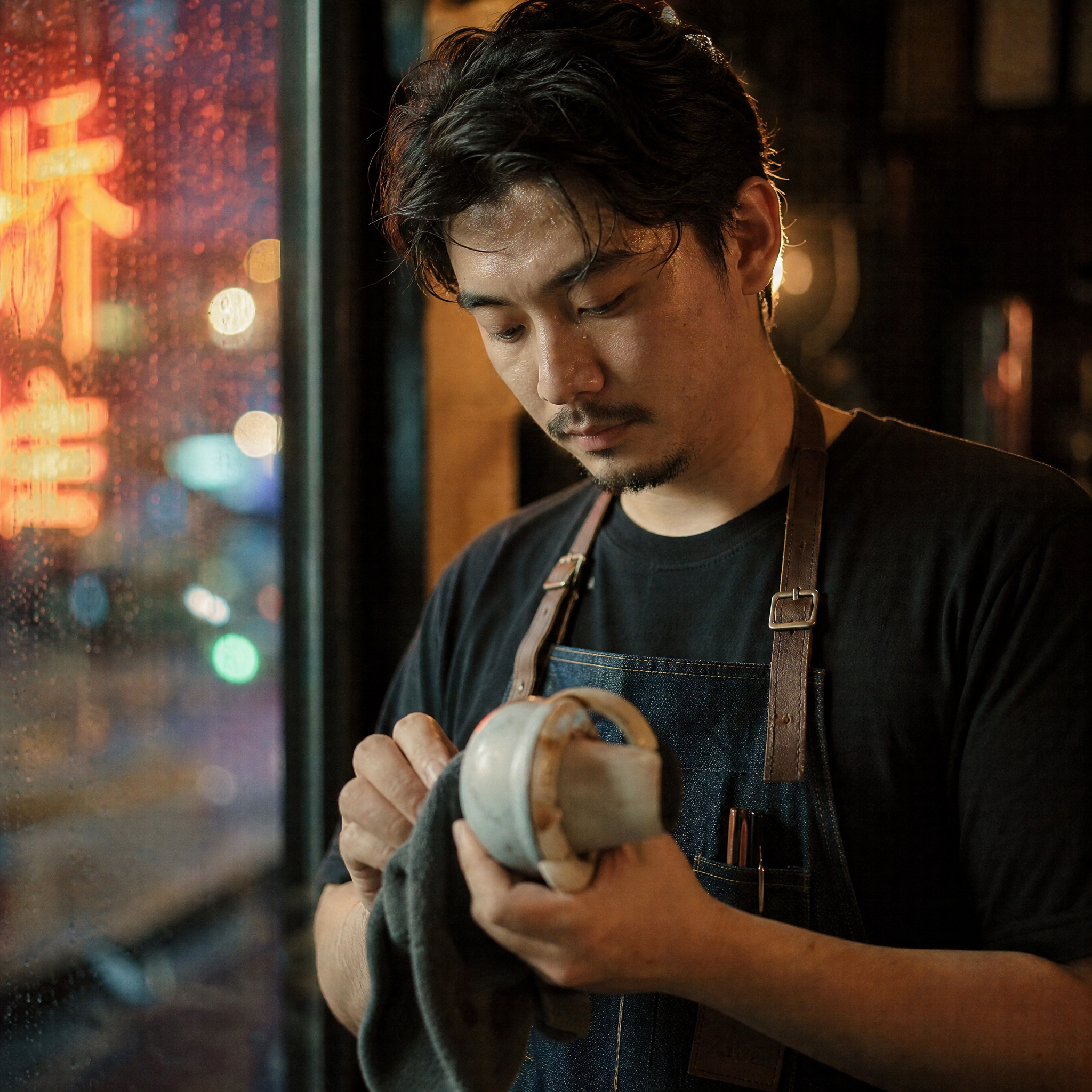 生成一张写实摄影作品。

拍摄主体：一位略显疲惫的 30 岁咖啡师，正在擦拭咖啡杯。
主体细节：额头…