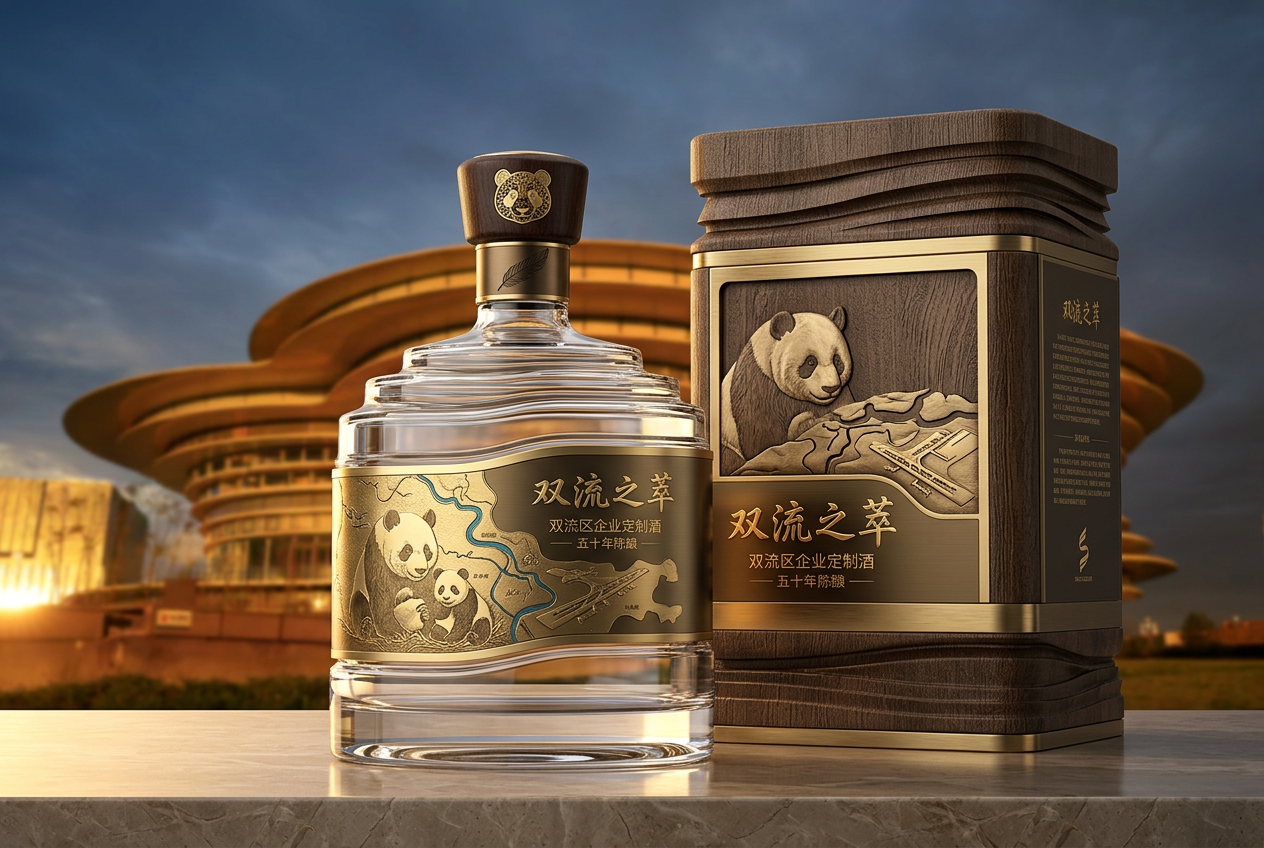 以这个图为设计背景，添加熊猫元素，再结合双流的其他一些元素，设计一款双流的企业用酒。要求设计要大气