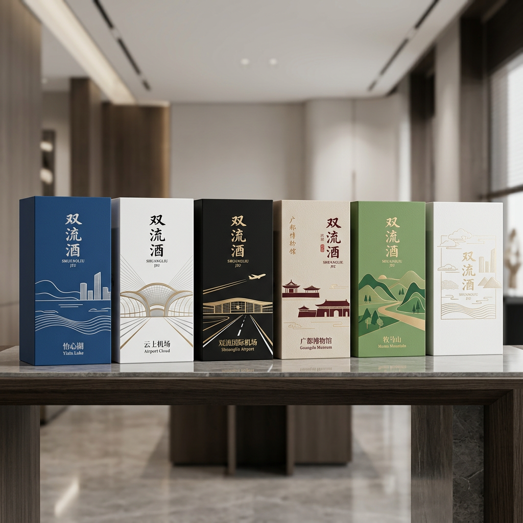 你是一位资深的设计师，现在需要设计一款高端的白酒包装礼盒，品牌名字叫双流酒。以双流各地的经典和名胜为…
