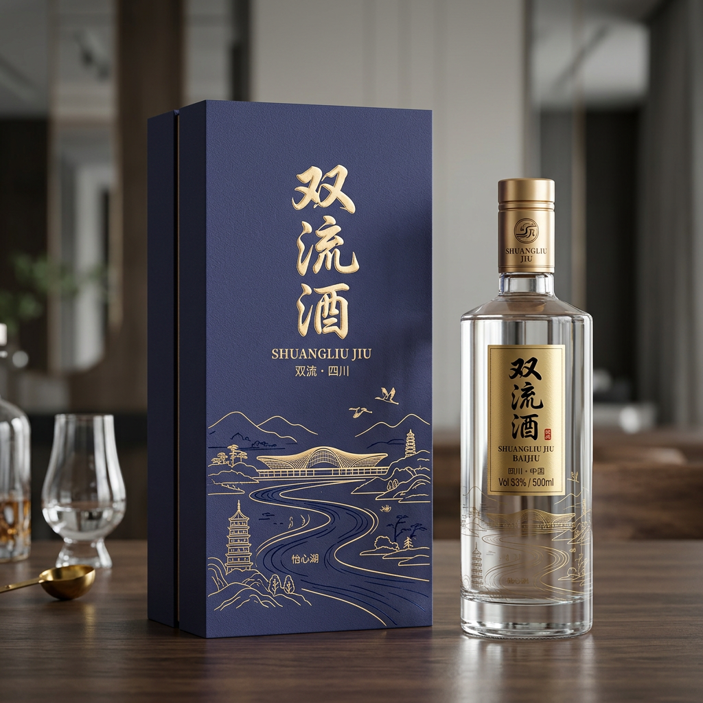 你是一位资深的设计师，现在需要设计一款高端的白酒包装礼盒，品牌名字叫双流酒。以双流各地的经典和名胜为… (2)