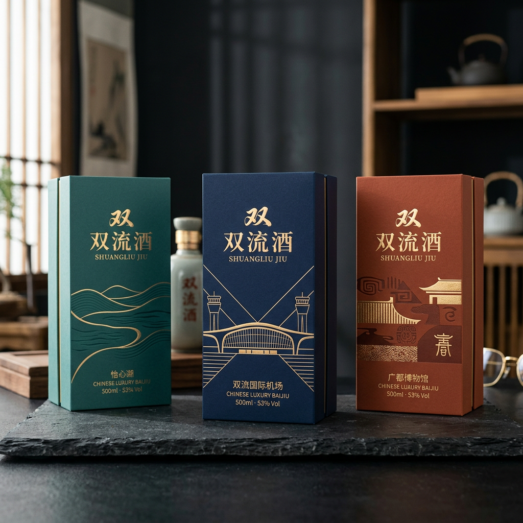 你是一位资深的设计师，现在需要设计一款高端的白酒包装礼盒，品牌名字叫双流酒。以双流各地的经典和名胜为… (2)