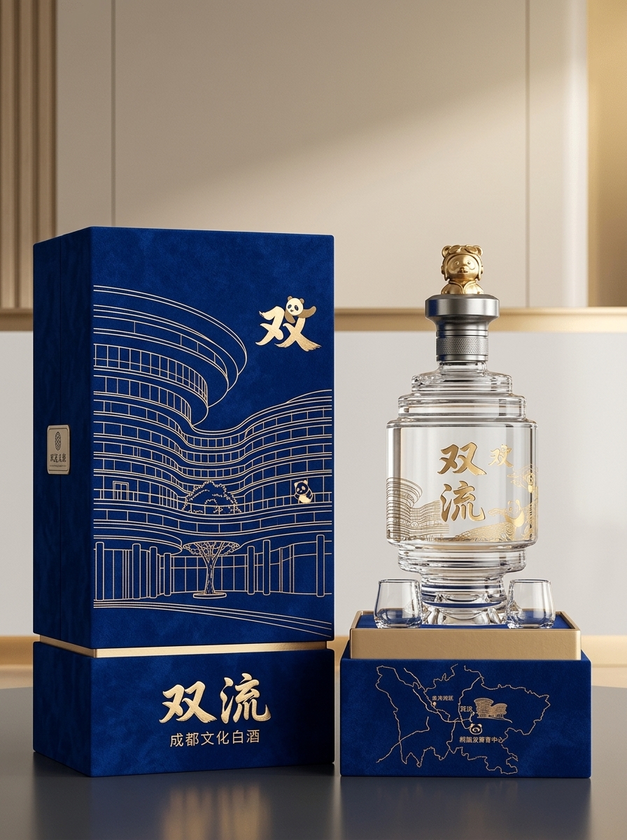 结合市面上销售较好的白酒包装设计，以图二中的建筑为背景，融入一些熊猫元素和双流本地元素，打造一款高端…
