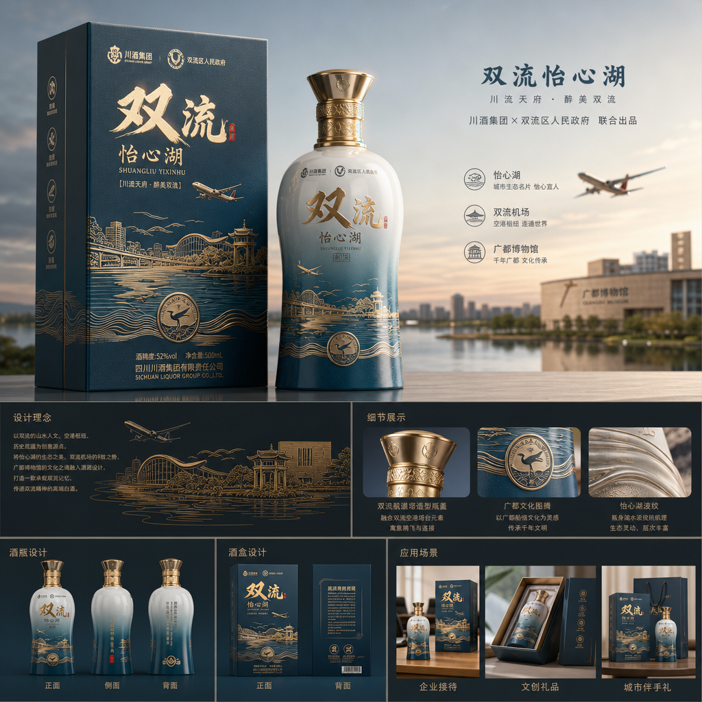 结合市场销售主流名酒，结合双流怡心湖、双流机场、广都博物馆等元素，设计一款具有双流地方特色的白酒，要… (2)