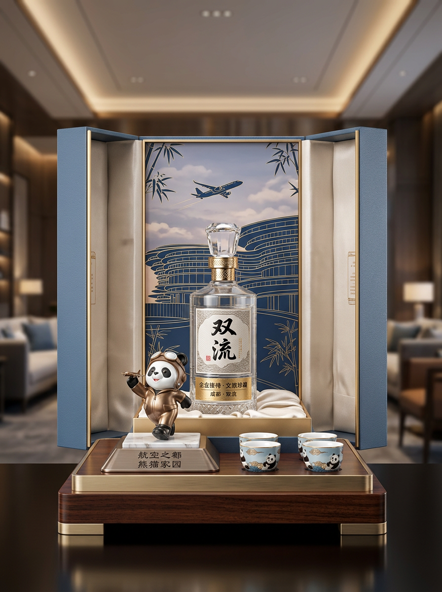 结合市面上销售较好的白酒包装设计，以图二中的建筑为背景，融入一些熊猫元素和双流本地元素，打造一款高端… (4)