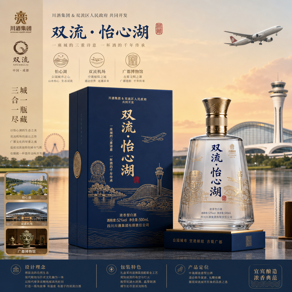 结合怡心湖、双流机场、广都博物馆等元素，设计一款具有双流地方特色的白酒，要求酒盒和酒瓶都必须原创，市…