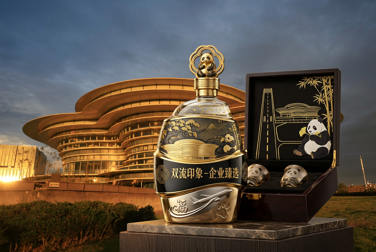 以这个图为设计背景，添加熊猫元素，再结合双流的其他一些元素，设计一款双流的企业用酒。要求设计要大气 (4)