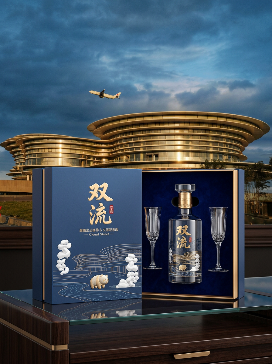 结合市面上销售较好的白酒包装设计，以图二中的建筑为背景，融入一些熊猫元素和双流本地元素，打造一款高端… (2)