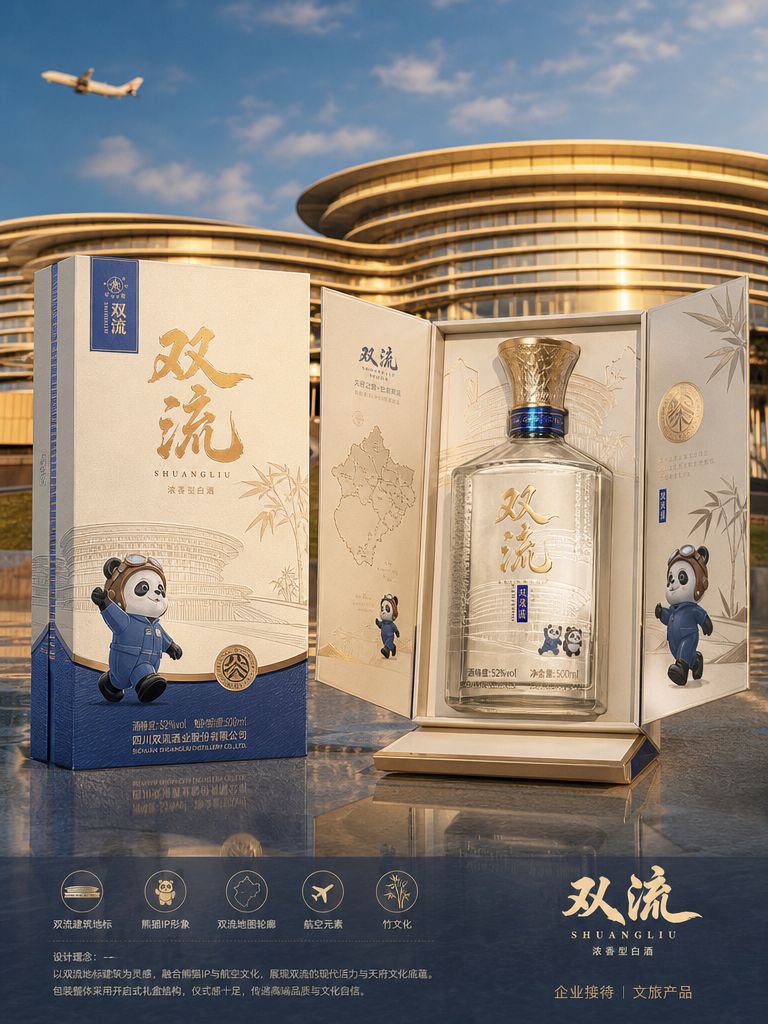 结合市面上销售较好的白酒包装设计，以图二中的建筑为背景，融入一些熊猫元素和双流本地元素，打造一款高端… (4)