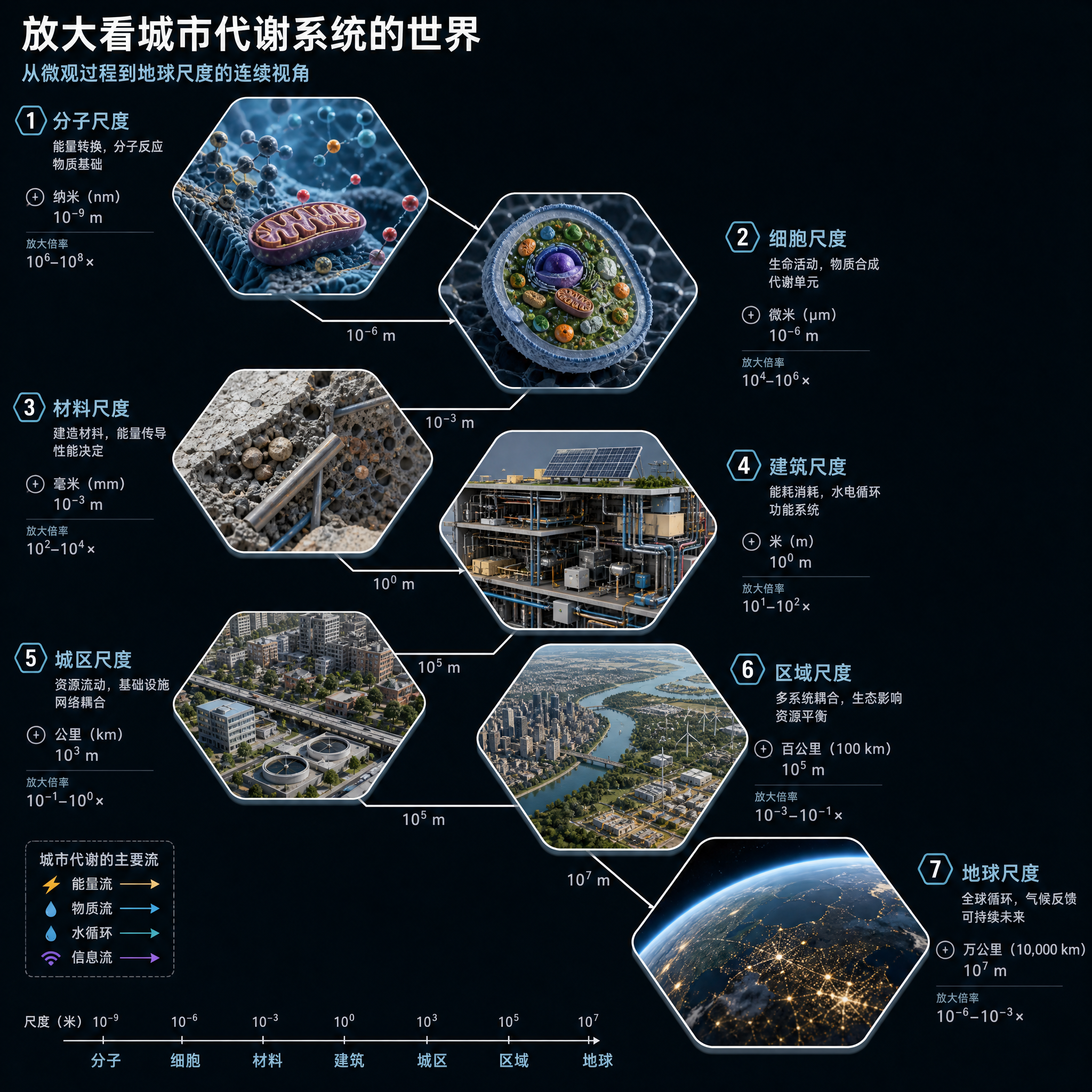 为城市代谢系统生成一张科学尺度缩放信息图。
结构：6-8 个圆形或六边形框，按从微观到宏观的尺度递进…