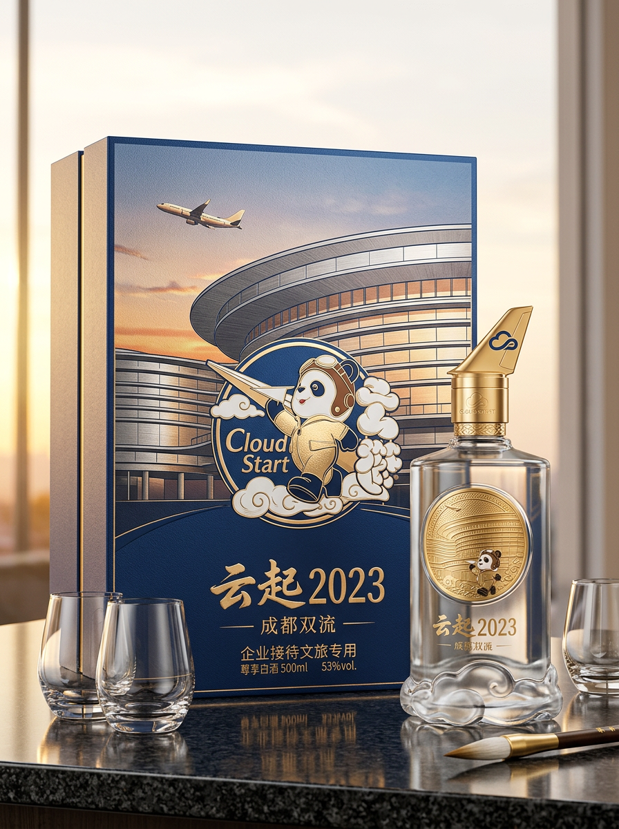 结合市面上销售较好的白酒包装设计，以图二中的建筑为背景，结合一些熊猫的元素，打造一款高端白酒包装礼盒… (3)