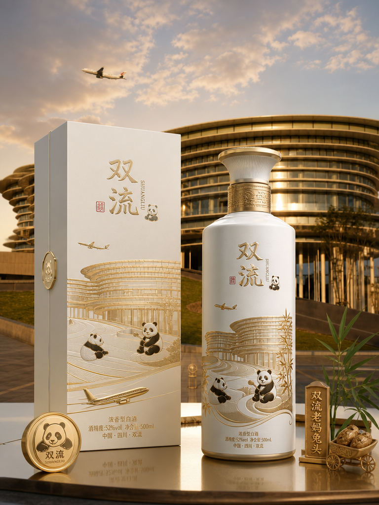 以图二中的建筑为背景，融入一些熊猫元素和双流本地元素，打造一款高端白酒包装礼盒，白酒的名称是双流，产… (3)