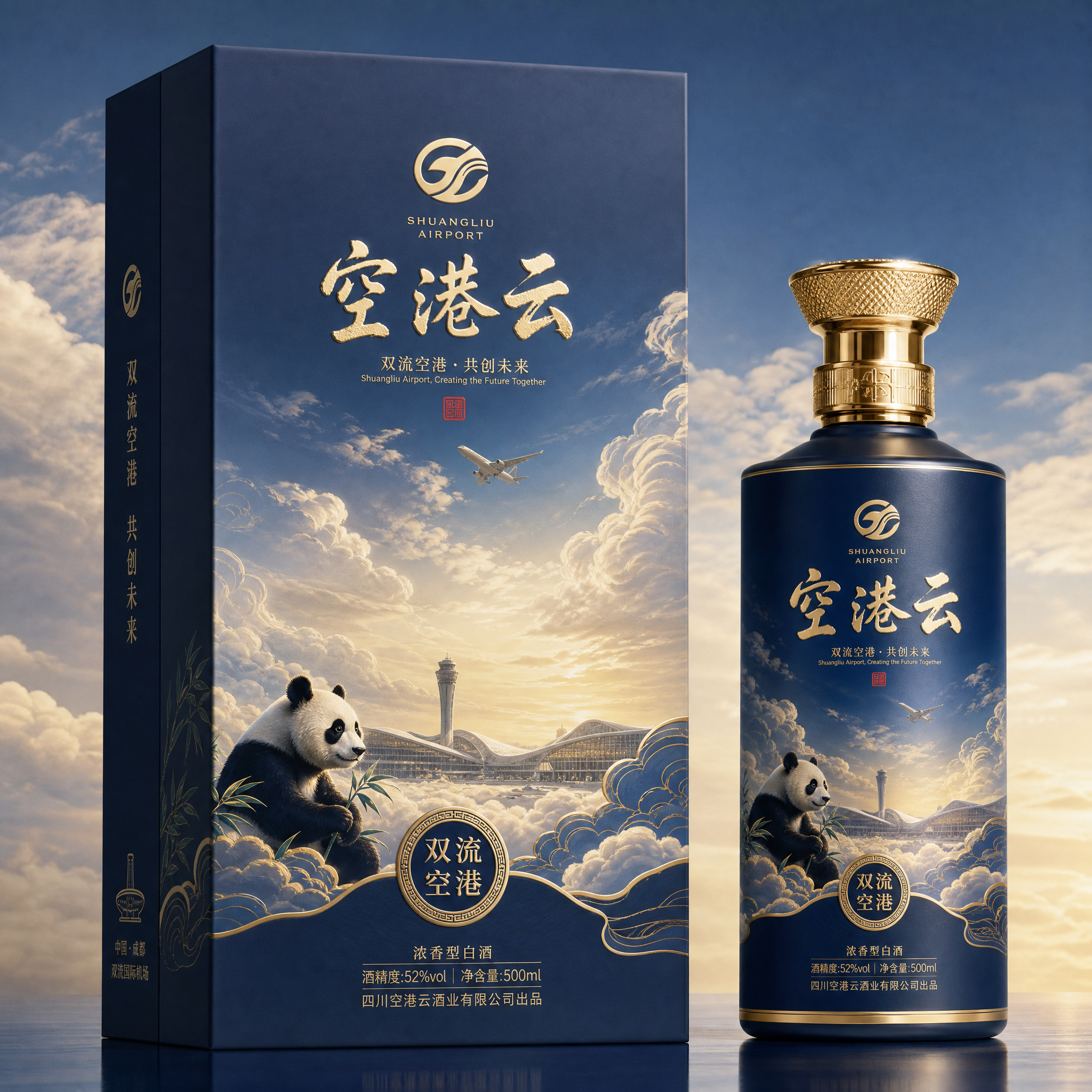 以刚上传的空港云为酒盒设计背景，结合双流特色及熊猫元素，设计一款企业接待用酒，要求设计要大气