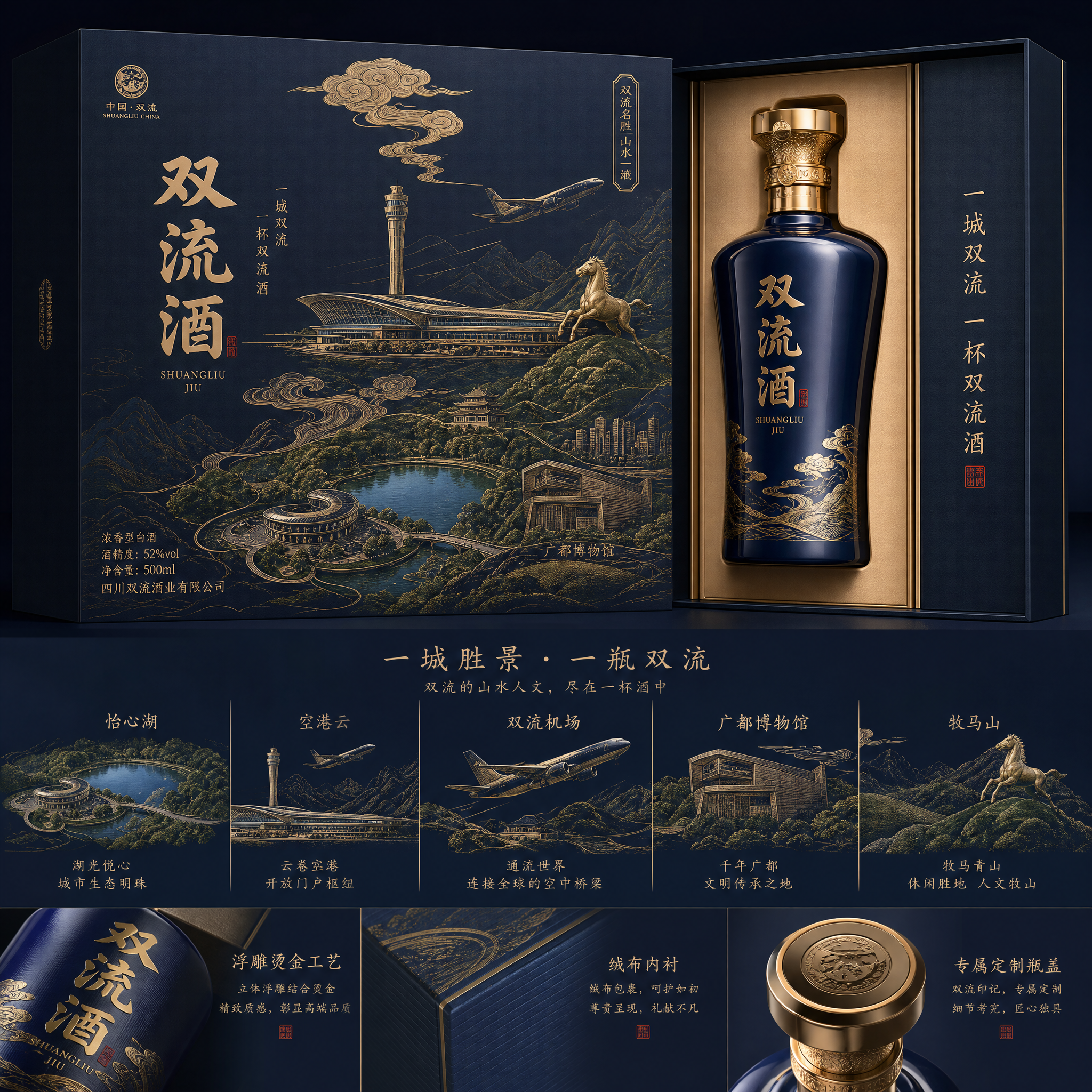 你是一位资深的设计师，现在需要设计一款高端的白酒包装礼盒，品牌名字叫双流酒。以双流各地的经典和名胜为…