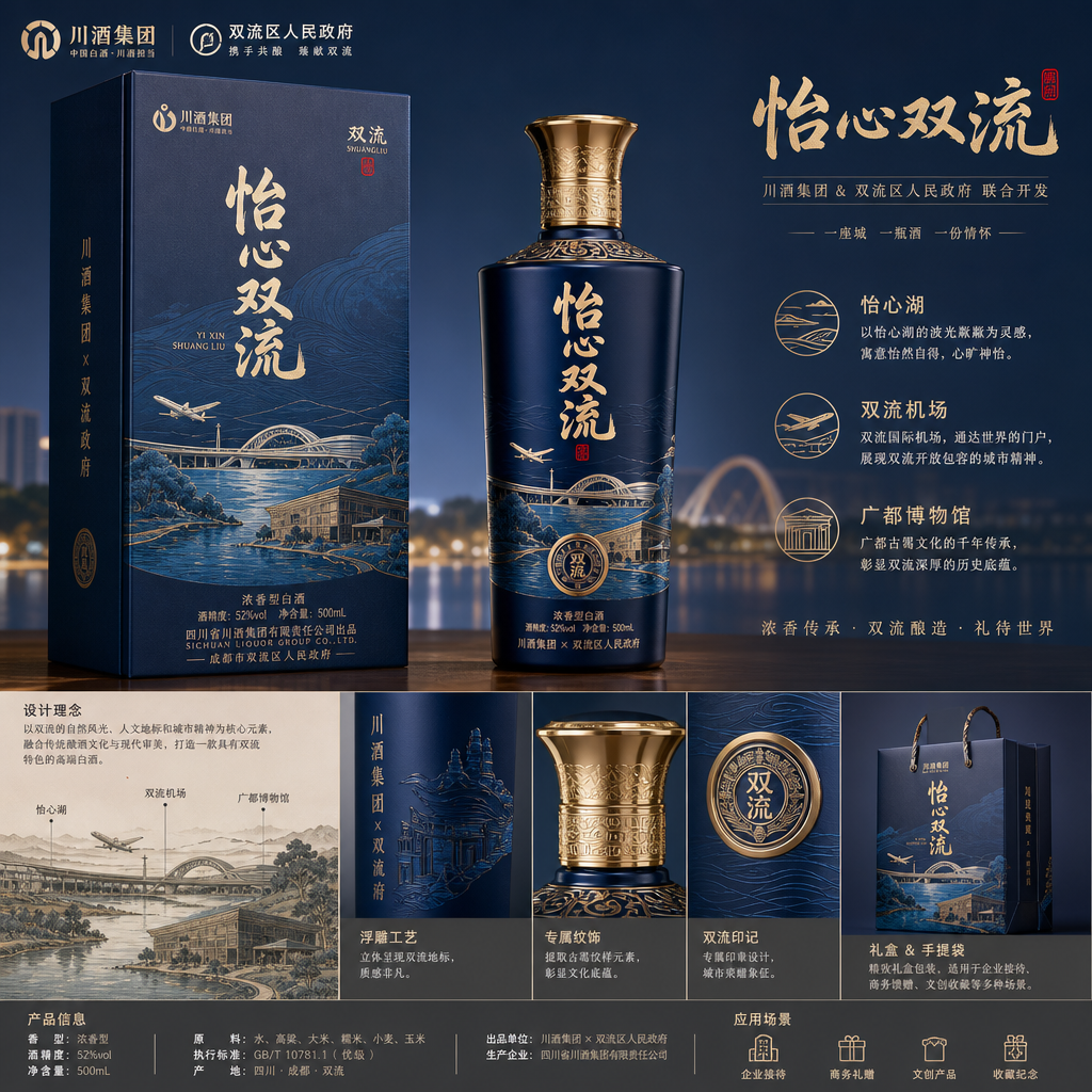 结合市场销售主流名酒，结合双流怡心湖、双流机场、广都博物馆等元素，设计一款具有双流地方特色的白酒，要… (4)