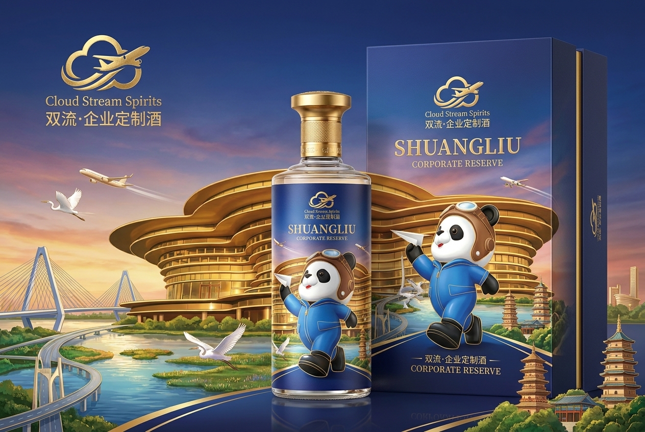 以图一这个图为设计背景，添加图二的熊猫元素，再结合双流的其他一些元素，设计一款双流的企业用酒。要求设…