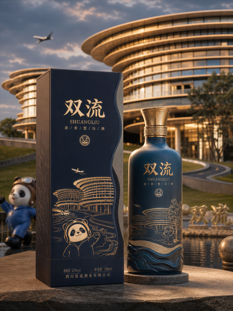 以图二中的建筑为背景，融入一些熊猫元素和双流本地元素，打造一款高端白酒包装礼盒，白酒的名称是双流，产…