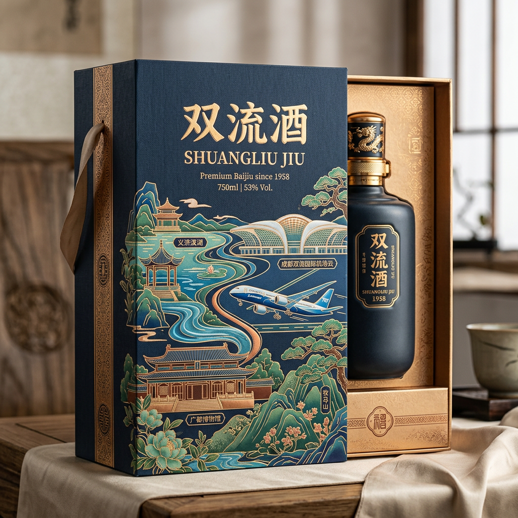 你是一位资深的设计师，现在需要设计一款高端的白酒包装礼盒，品牌名字叫双流酒。以双流各地的经典和名胜为… (2)