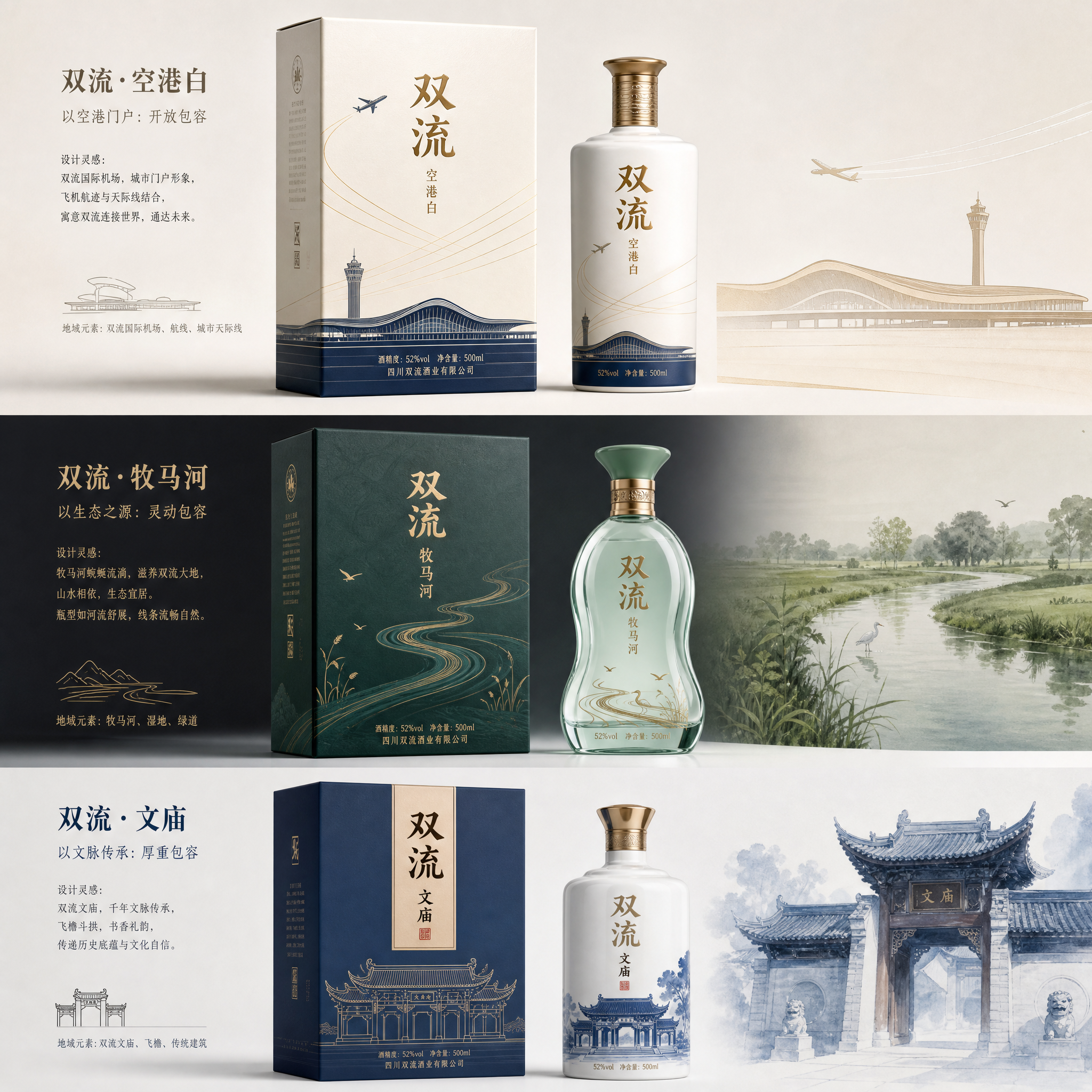 设计几款具有双流特色的白酒包装，要求盒子和瓶子设计都要原创，设计要简单大气，具有地域特色。 (2)