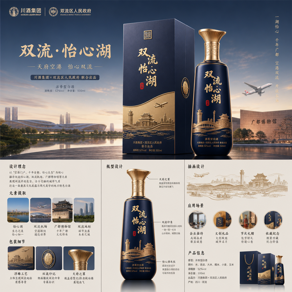 结合市场销售主流名酒，结合双流怡心湖、双流机场、广都博物馆等元素，设计一款具有双流地方特色的白酒，要… (4)