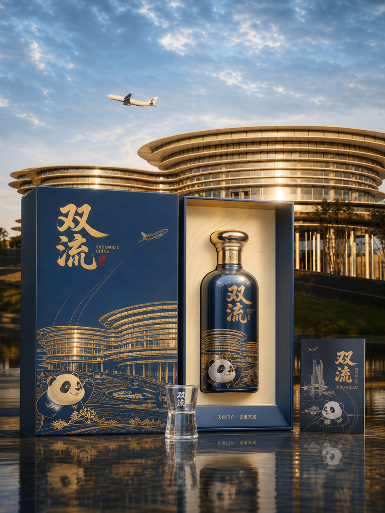 结合市面上销售较好的白酒包装设计，以图二中的建筑为背景，融入一些熊猫元素和双流本地元素，打造一款高端… (2)