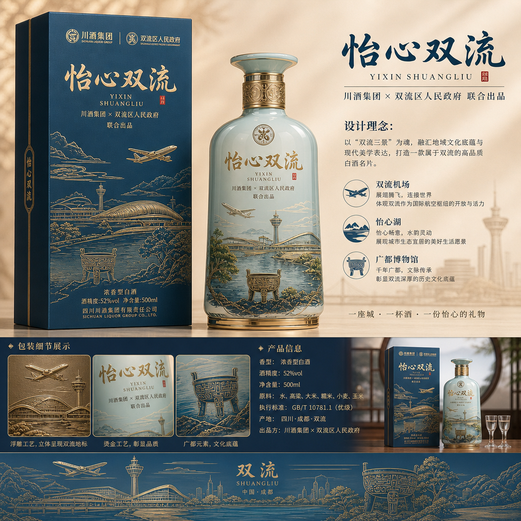 结合市场销售主流名酒，结合双流怡心湖、双流机场、广都博物馆等元素，设计一款具有双流地方特色的白酒，要… (4)