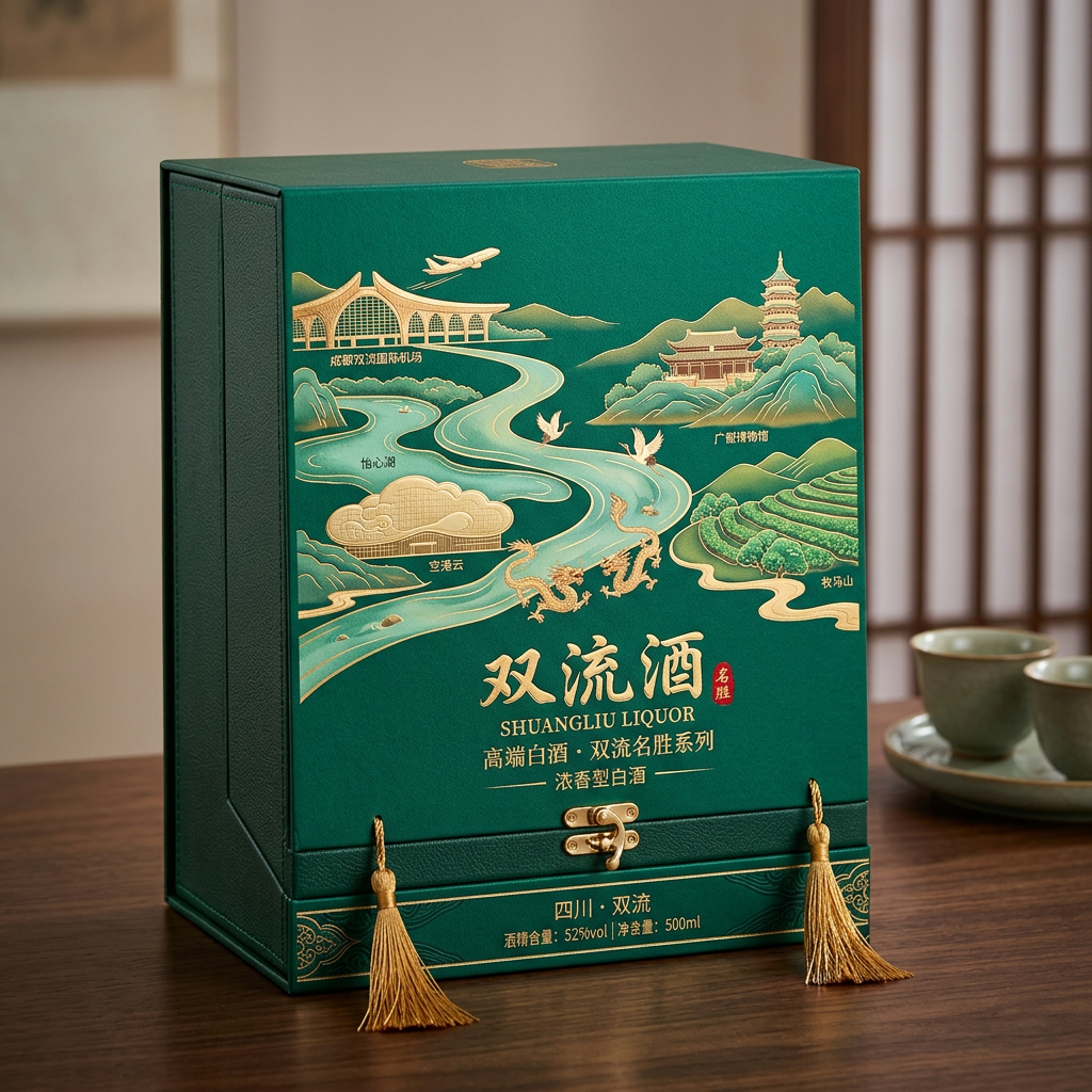 你是一位资深的设计师，现在需要设计一款高端的白酒包装礼盒，品牌名字叫双流酒。以双流各地的经典和名胜为… (4)