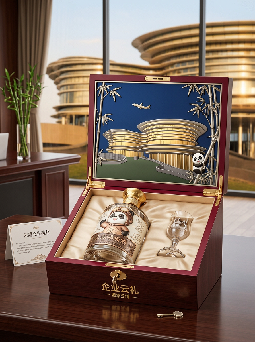 以图二中的建筑为背景，结合一些熊猫的元素，打造一款具有稳重和欢快元素的白酒包装礼盒，使用场景是企业接… (2)