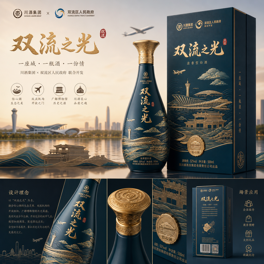 结合市场销售主流名酒，结合双流怡心湖、双流机场、广都博物馆等元素，设计一款具有双流地方特色的白酒，要… (3)