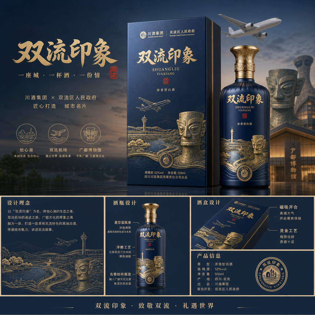 结合市场销售主流名酒，结合双流怡心湖、双流机场、广都博物馆等元素，设计一款具有双流地方特色的白酒，要… (3)