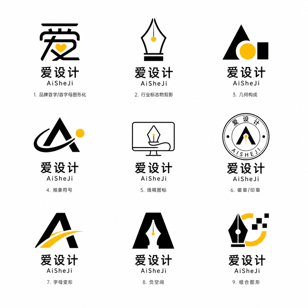 请为"爱设计"设计 9 个现代科技极简风格的品牌 Logo，以 3×3 九宫格排列在纯白背景上。

…