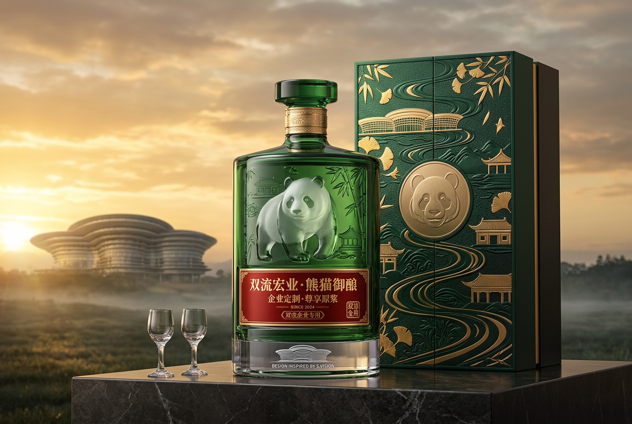 以这个图为设计背景，添加熊猫元素，再结合双流的其他一些元素，设计一款双流的企业用酒。要求设计要大气 (2)