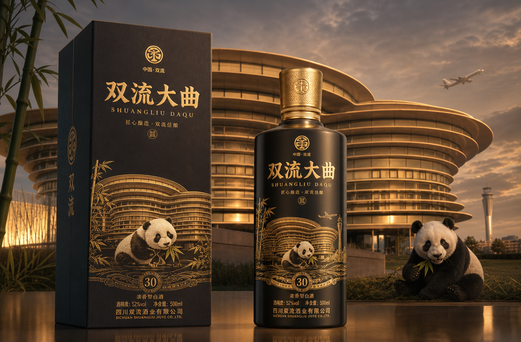 以这个图为设计背景，添加熊猫元素，再结合双流的其他一些元素，设计一款双流的企业用酒。要求设计要大气