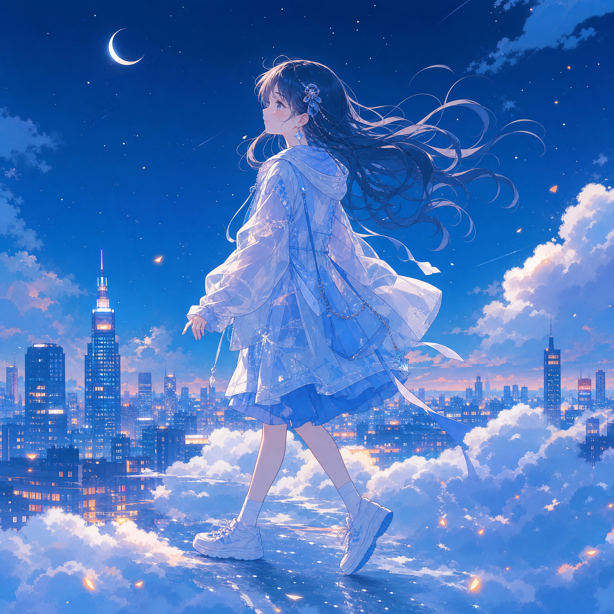 创作都市夜景插画，主角为云端漫步的女孩。
画风：日漫，线条：细腻。
配色：蓝白为主，点缀暖橙，背景：…