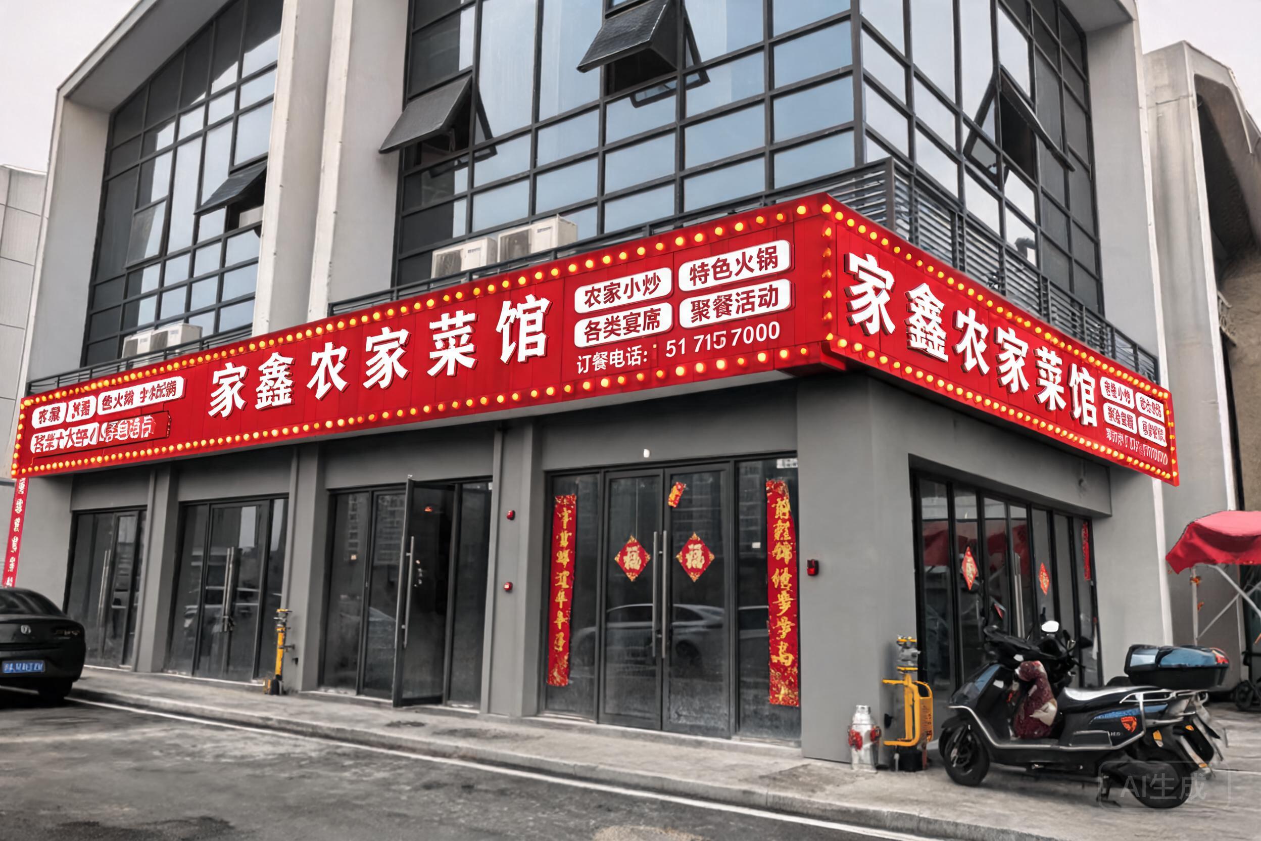 图一是现场图，图二是图一正面设计图，图三是图一的侧面设计图。这是一个户外门头招牌…
