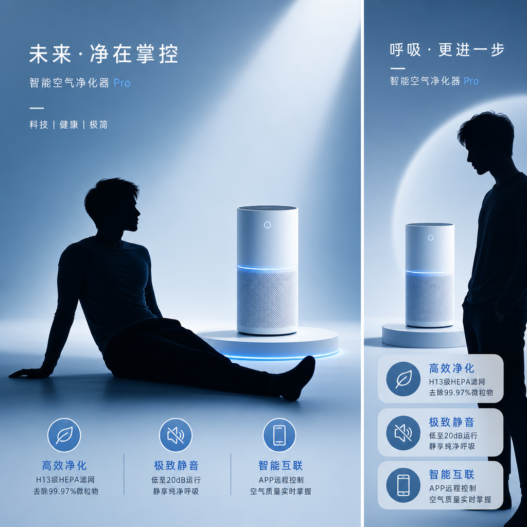 任务目标：产品概念图。
输入约束：主体人物剪影，场景纯色棚拍，风格极简科技，色彩蓝白。
质量约束：清…