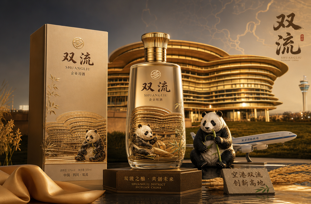 以这个图为设计背景，添加熊猫元素，再结合双流的其他一些元素，设计一款双流的企业用酒。要求设计要大气 (2)