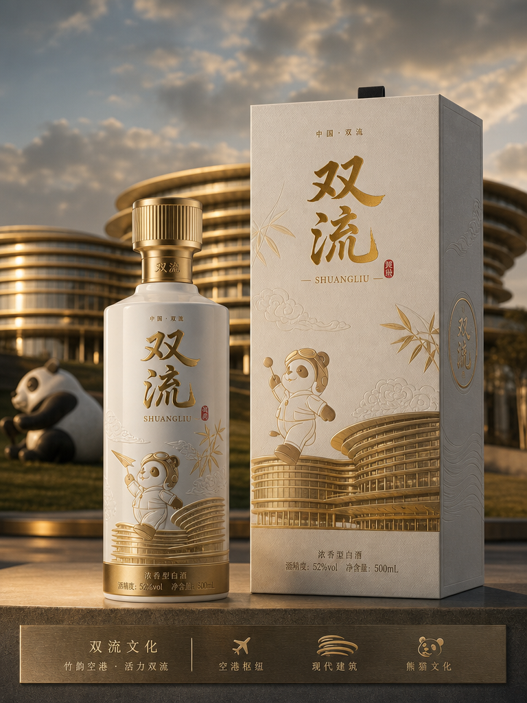 以图二中的建筑为背景，融入一些熊猫元素和双流本地元素，打造一款高端白酒包装礼盒，白酒的名称是双流，产… (2)
