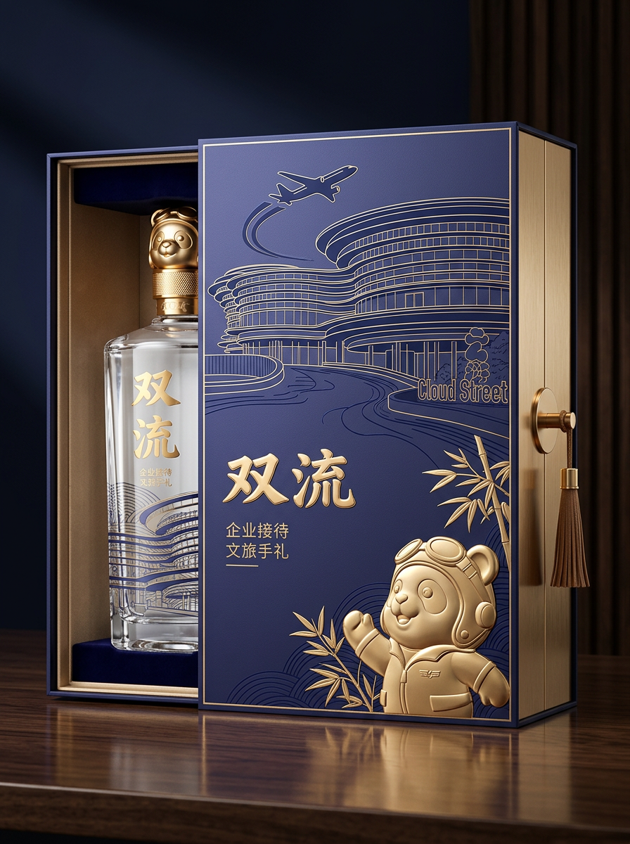 结合市面上销售较好的白酒包装设计，以图二中的建筑为背景，融入一些熊猫元素和双流本地元素，打造一款高端…