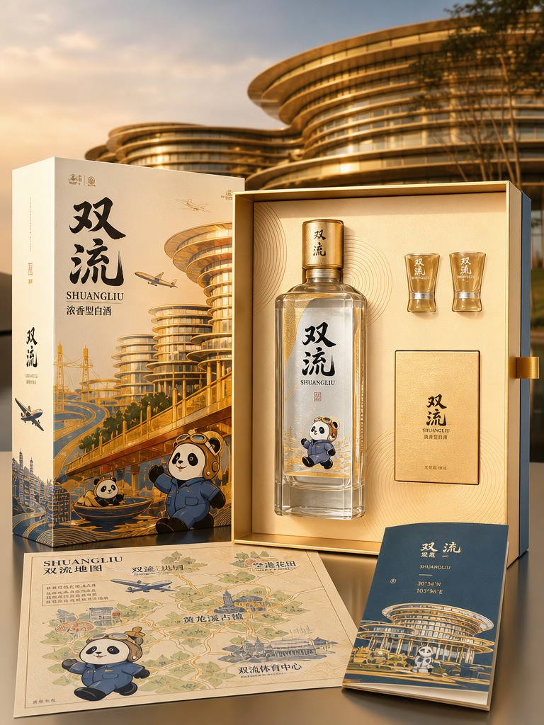 结合市面上销售较好的白酒包装设计，以图二中的建筑为背景，融入一些熊猫元素和双流本地元素，打造一款高端… (3)