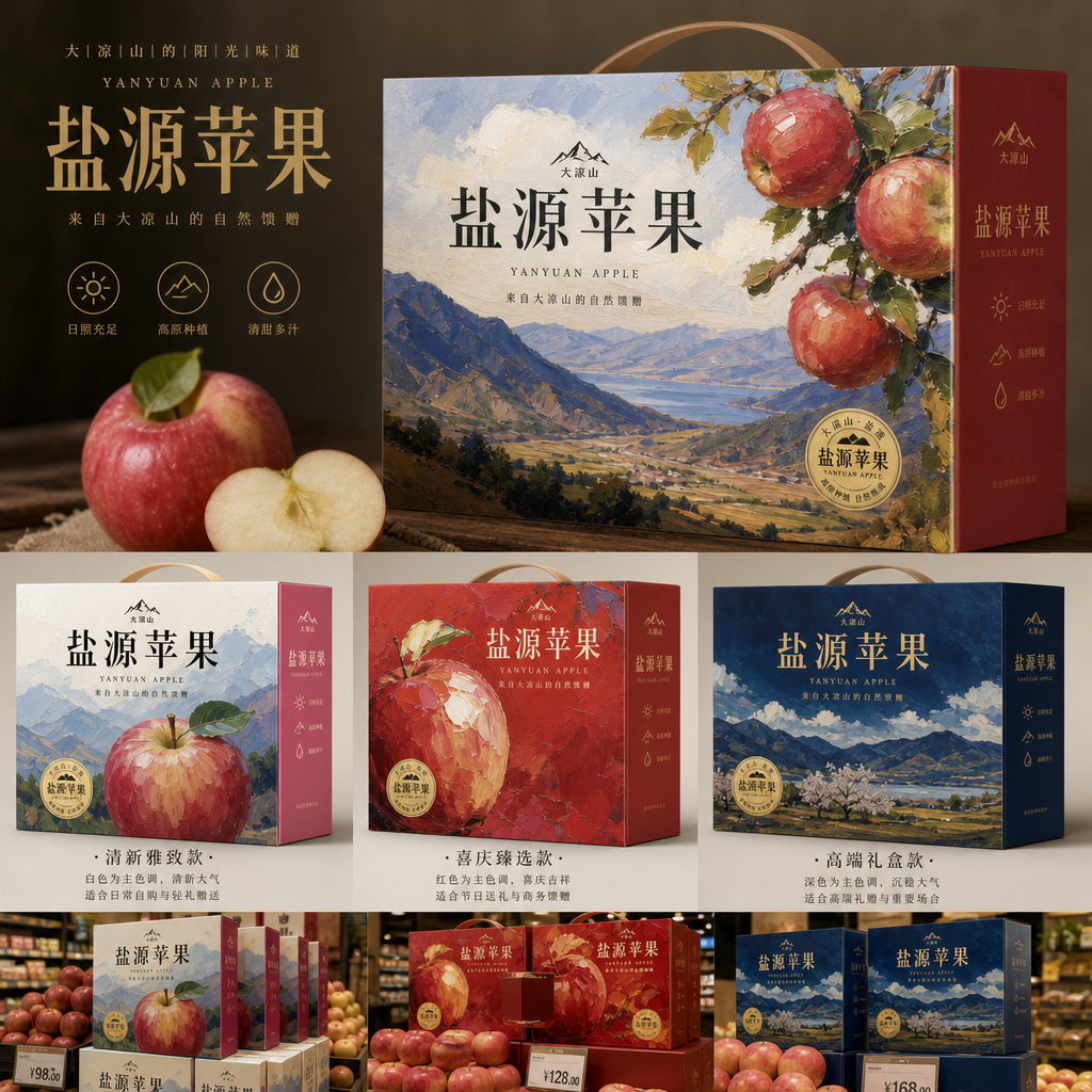 设计几款大凉山的盐源苹果包装，要求使用场景是日常的商超展示售卖，日常送礼。所以要求设计具有吸睛的特性…