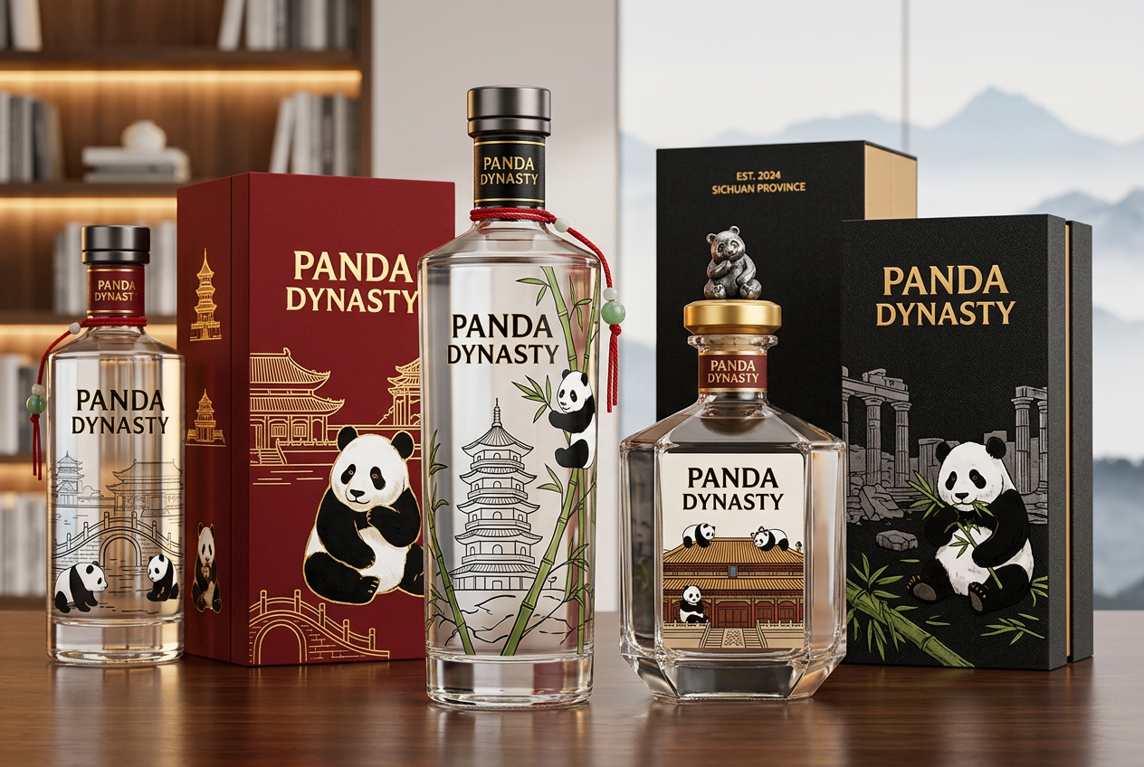 以图一的建筑和图二的熊猫为设计主题，设计几款双流酒的包装