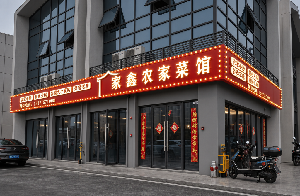 图一是现场图，图二是图一正面设计图，图三是图一的侧面设计图。这是一个户外门头招牌。在图一的红色区域，…