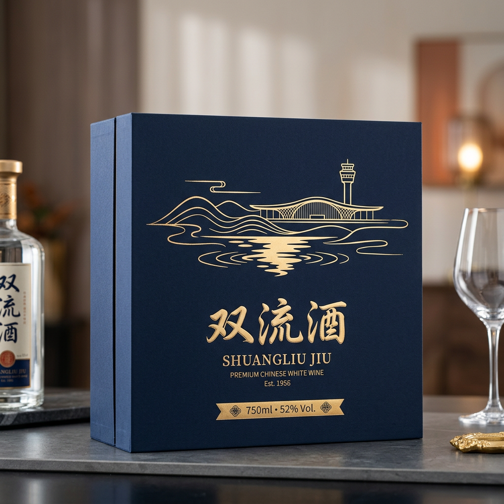 你是一位资深的设计师，现在需要设计一款高端的白酒包装礼盒，品牌名字叫双流酒。以双流各地的经典和名胜为… (4)