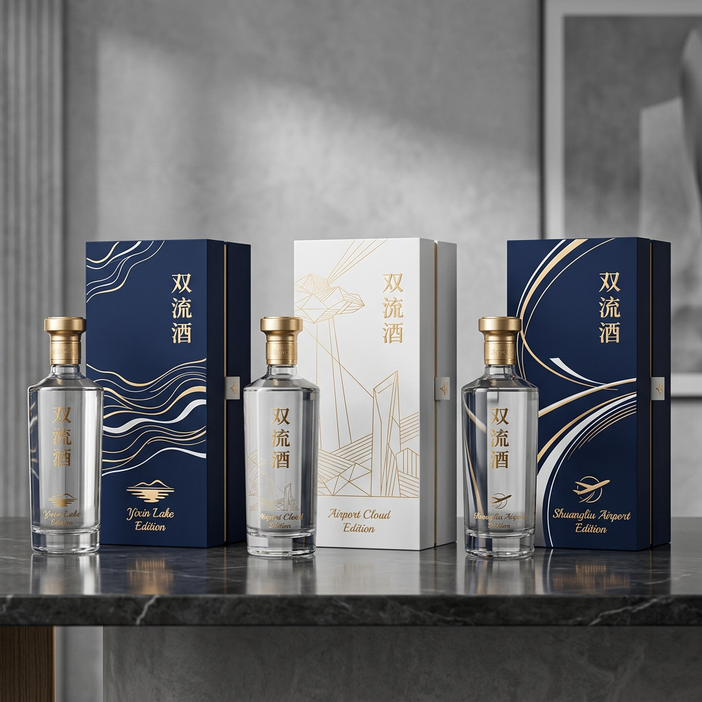 你是一位资深的设计师，现在需要设计一款高端的白酒包装礼盒，品牌名字叫双流酒。以双流各地的经典和名胜为… (4)