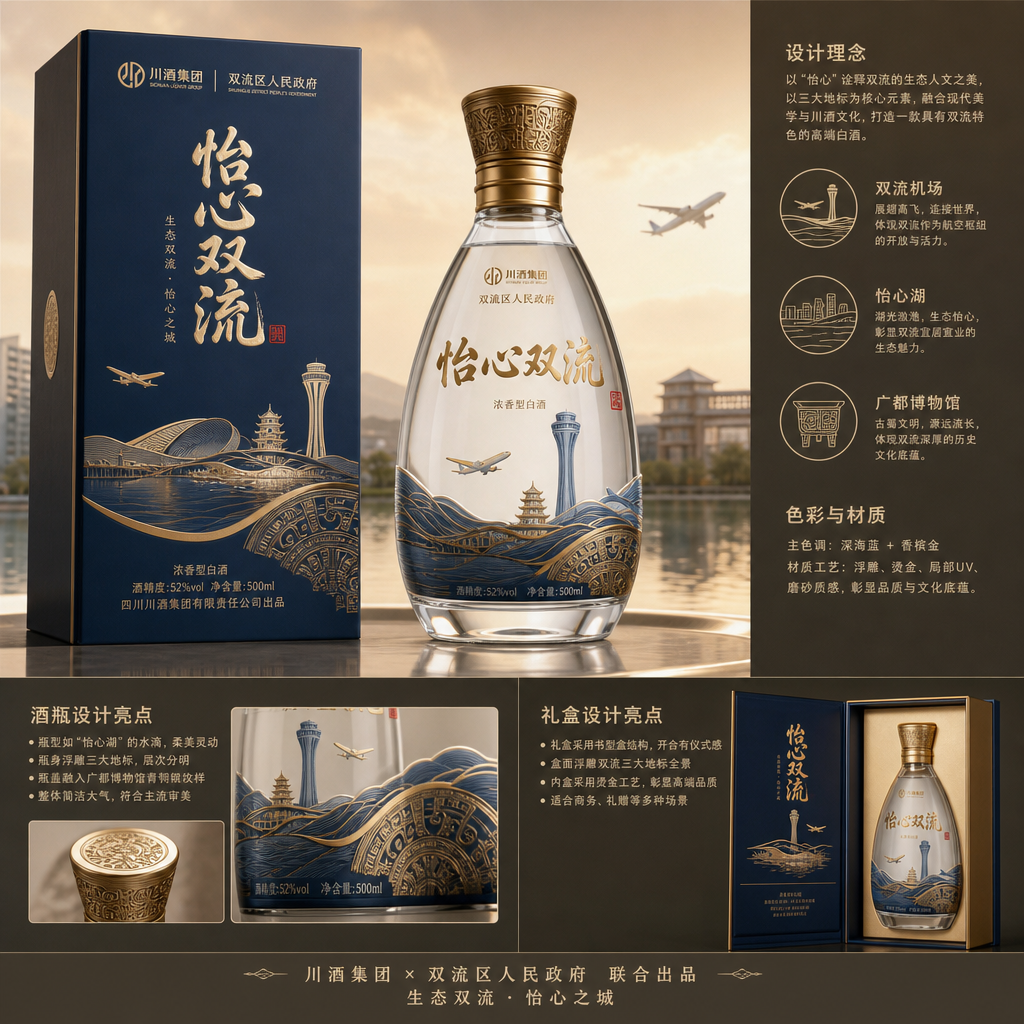 结合市场销售主流名酒，结合双流怡心湖、双流机场、广都博物馆等元素，设计一款具有双流地方特色的白酒，要…